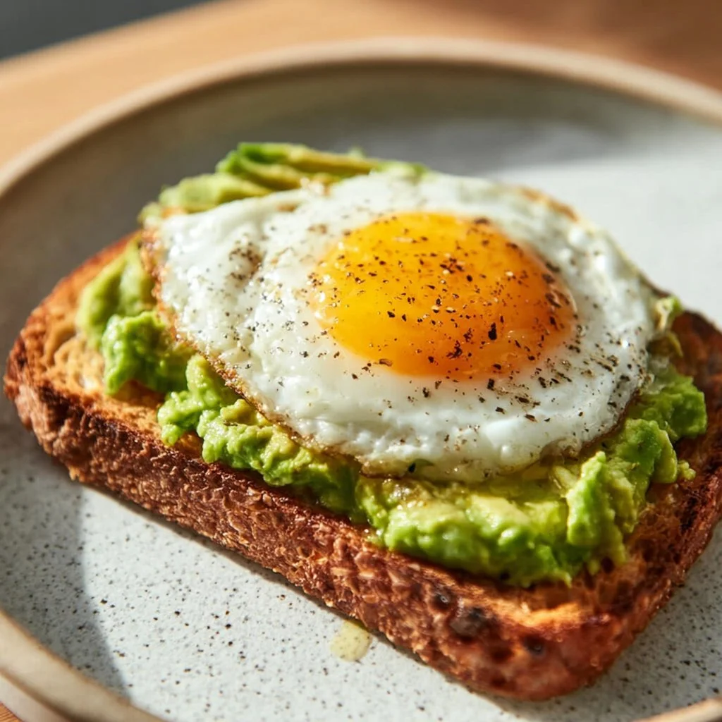Delicious avocado toast topped with a perfectly cooked egg.