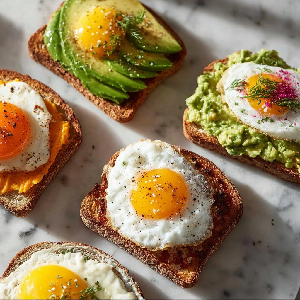 Delicious avocado toast topped with egg in four different styles.
