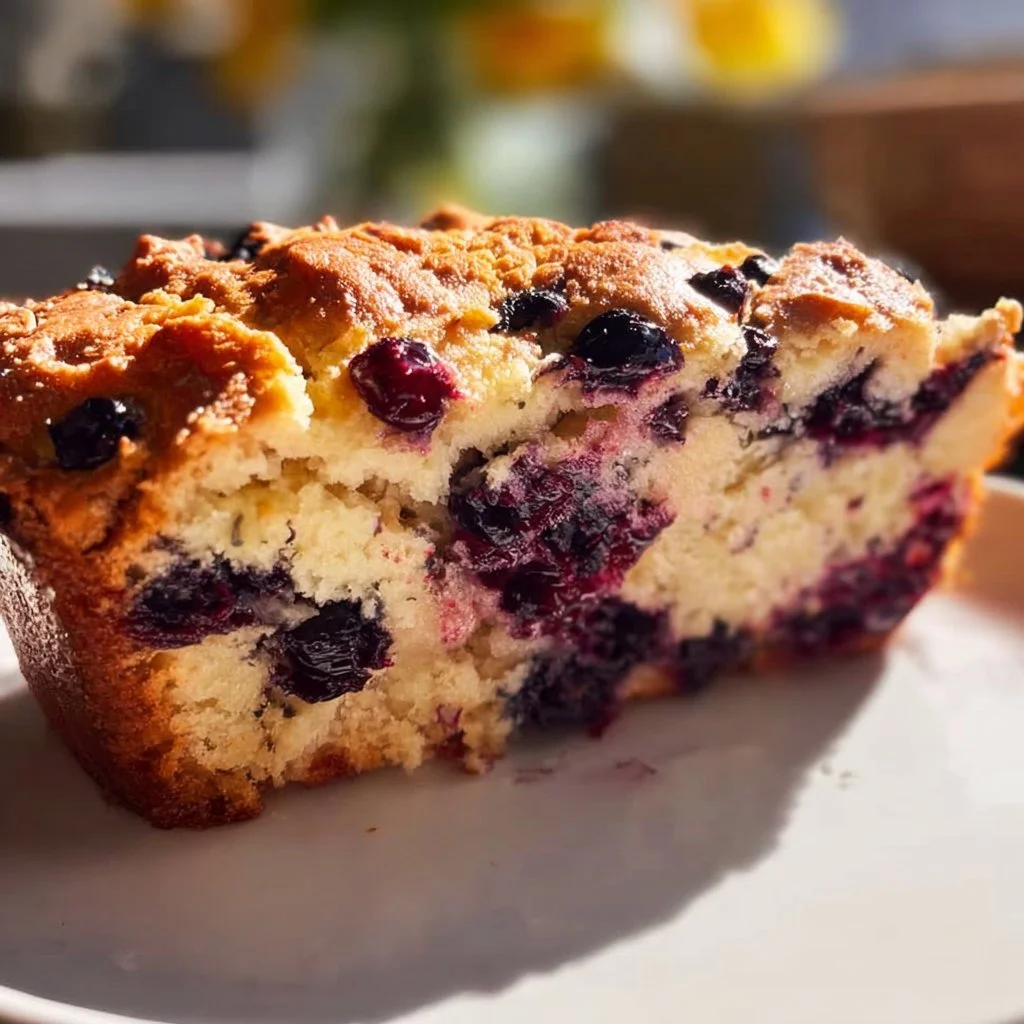 Freshly baked blueberry lemon loaf with slices on a wooden table