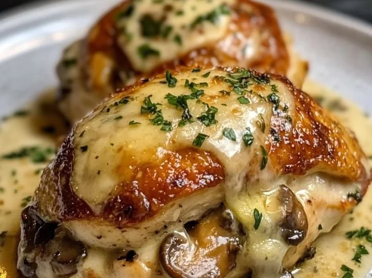 Cheesy Garlic Butter Mushroom Stuffed Chicken