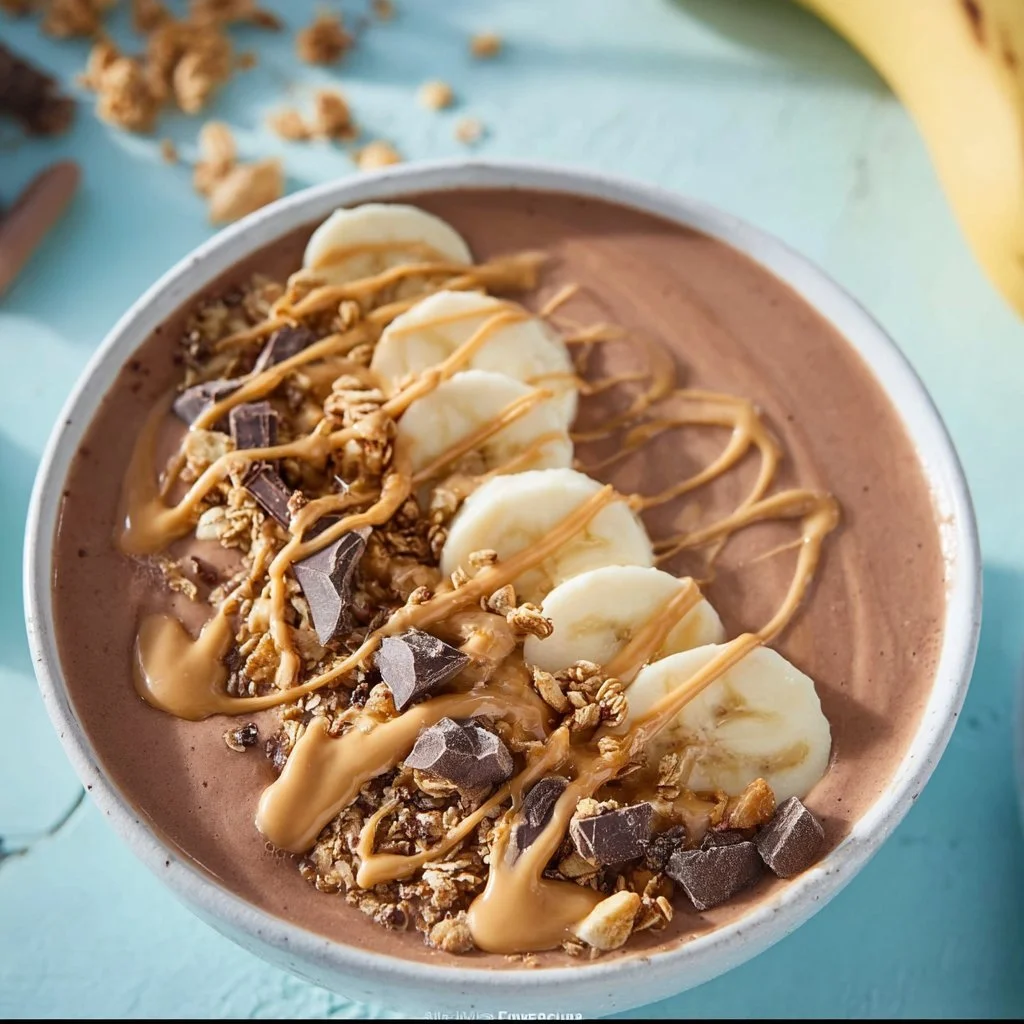 Chocolate peanut butter smoothie bowl topped with fruits and nuts