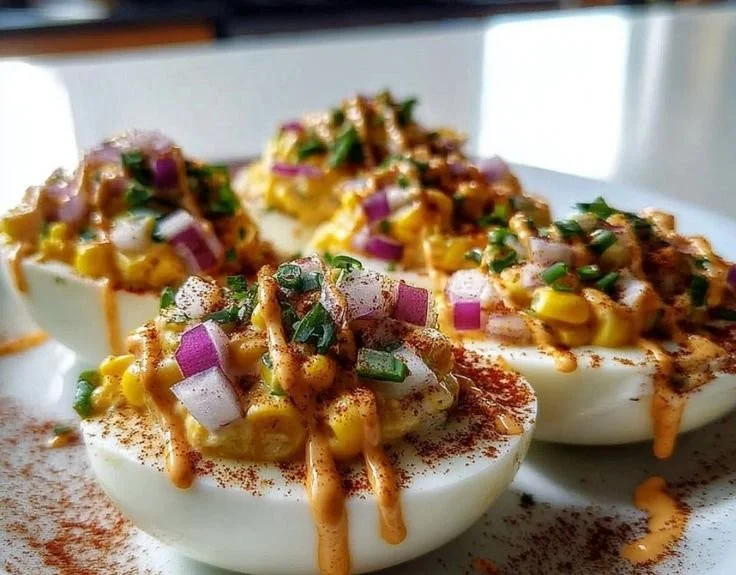 Delicious corn elote deviled eggs topped with cilantro and chili powder