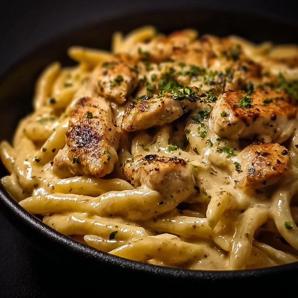 A delicious bowl of creamy Cajun chicken pasta with colorful ingredients.