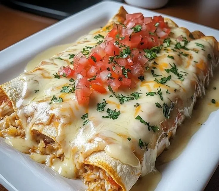 Delicious creamy cheese chicken enchiladas served on a plate