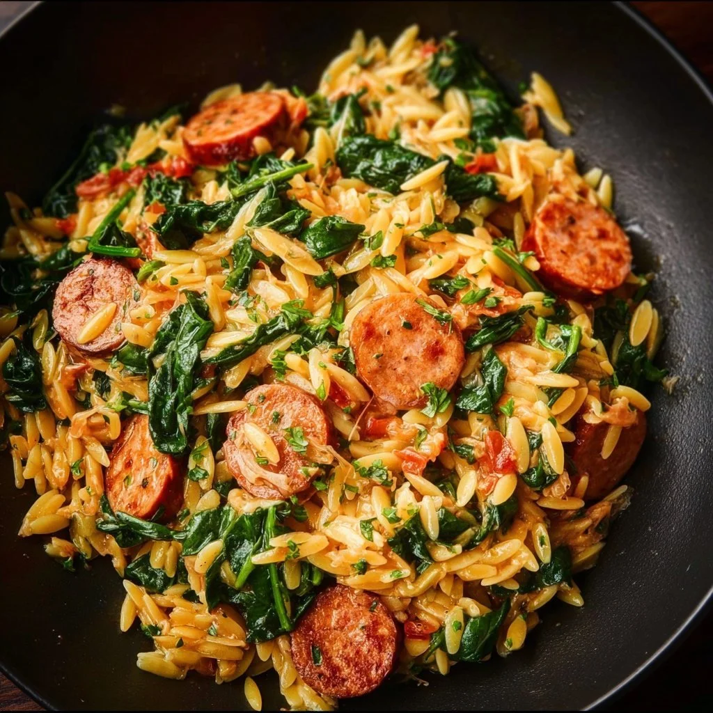 Creamy chicken sausage orzo skillet cooked in a pan with fresh vegetables