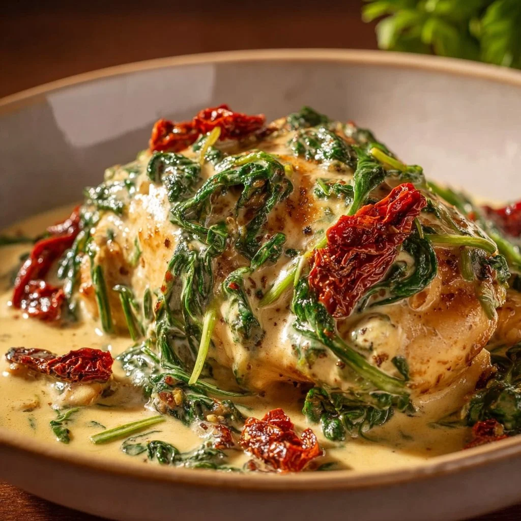 Creamy Crockpot Tuscan Chicken 4 Creamy crockpot Tuscan chicken served with herbs and spices.