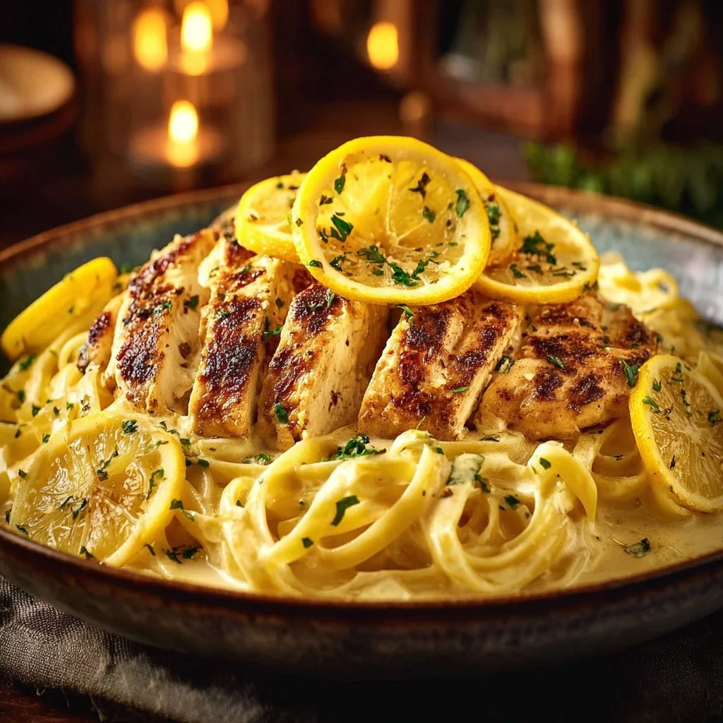 Creamy lemon chicken pasta served with garnished parsley