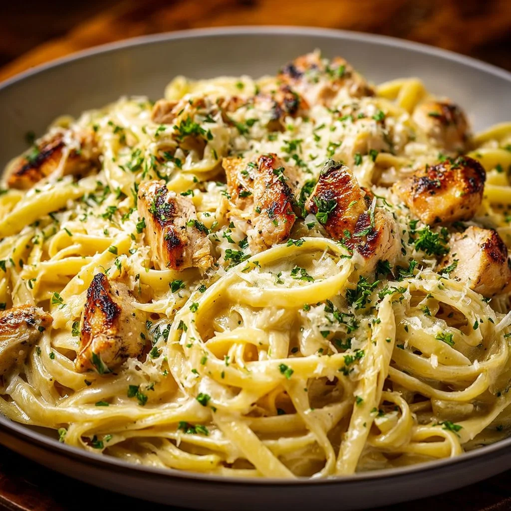 Creamy lemon chicken pasta dish with herbs and lemon zest
