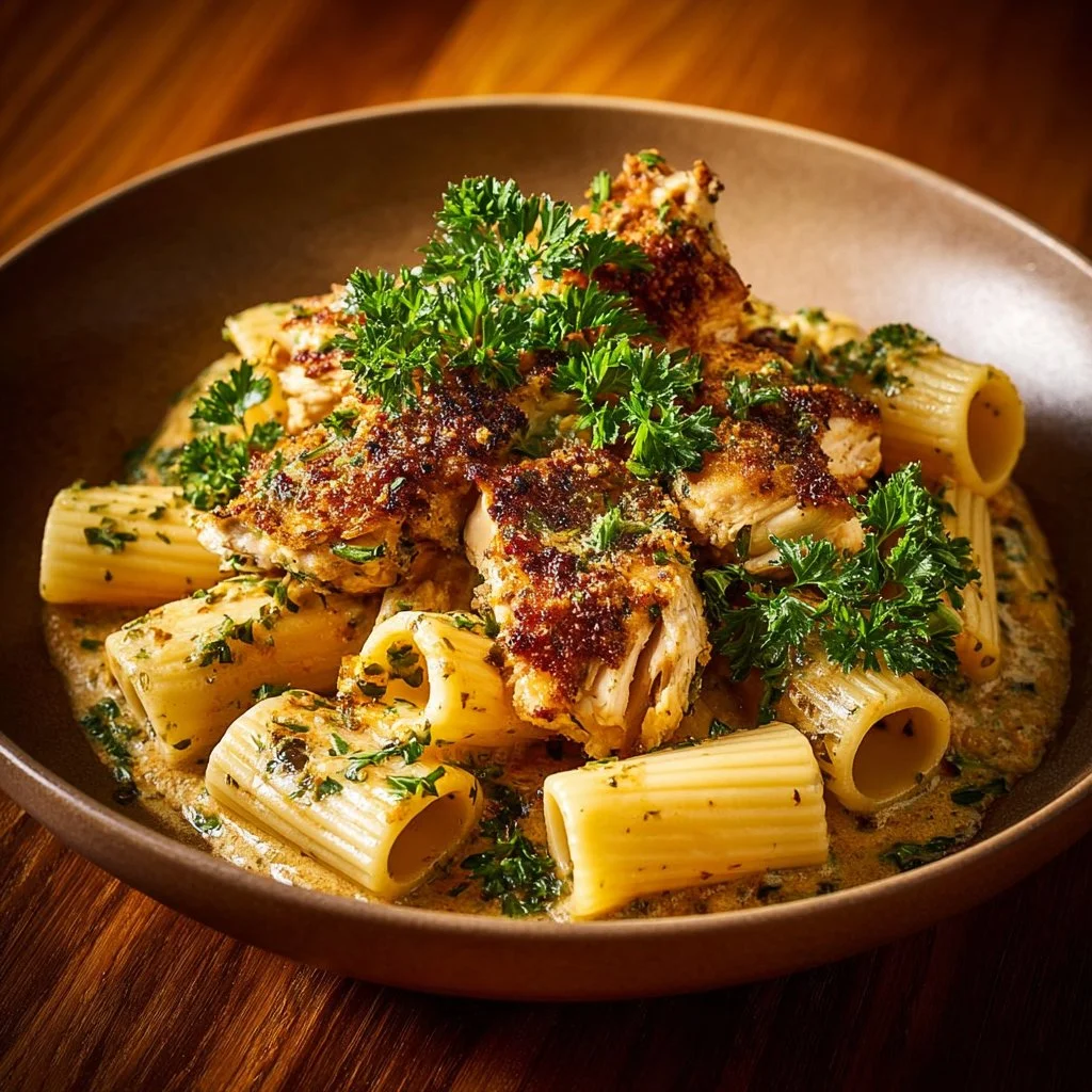 Creamy pesto chicken pasta bake topped with fresh basil and cheese.