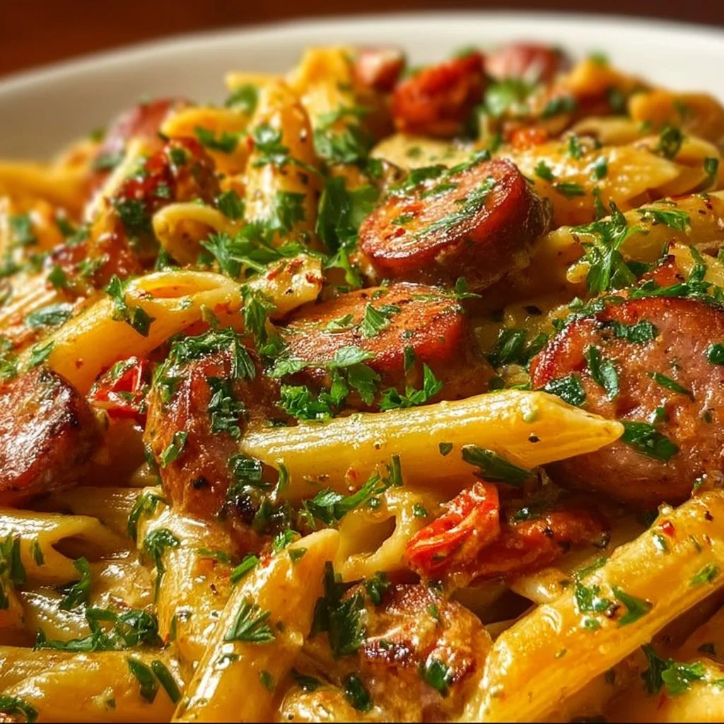 Creamy spicy Cajun sausage pasta with vibrant vegetables and herbs