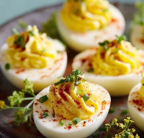 Deliciously crafted Deviled Eggs garnished with paprika and herbs.