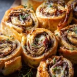 Easy French dip pinwheels made with roast beef and cheese