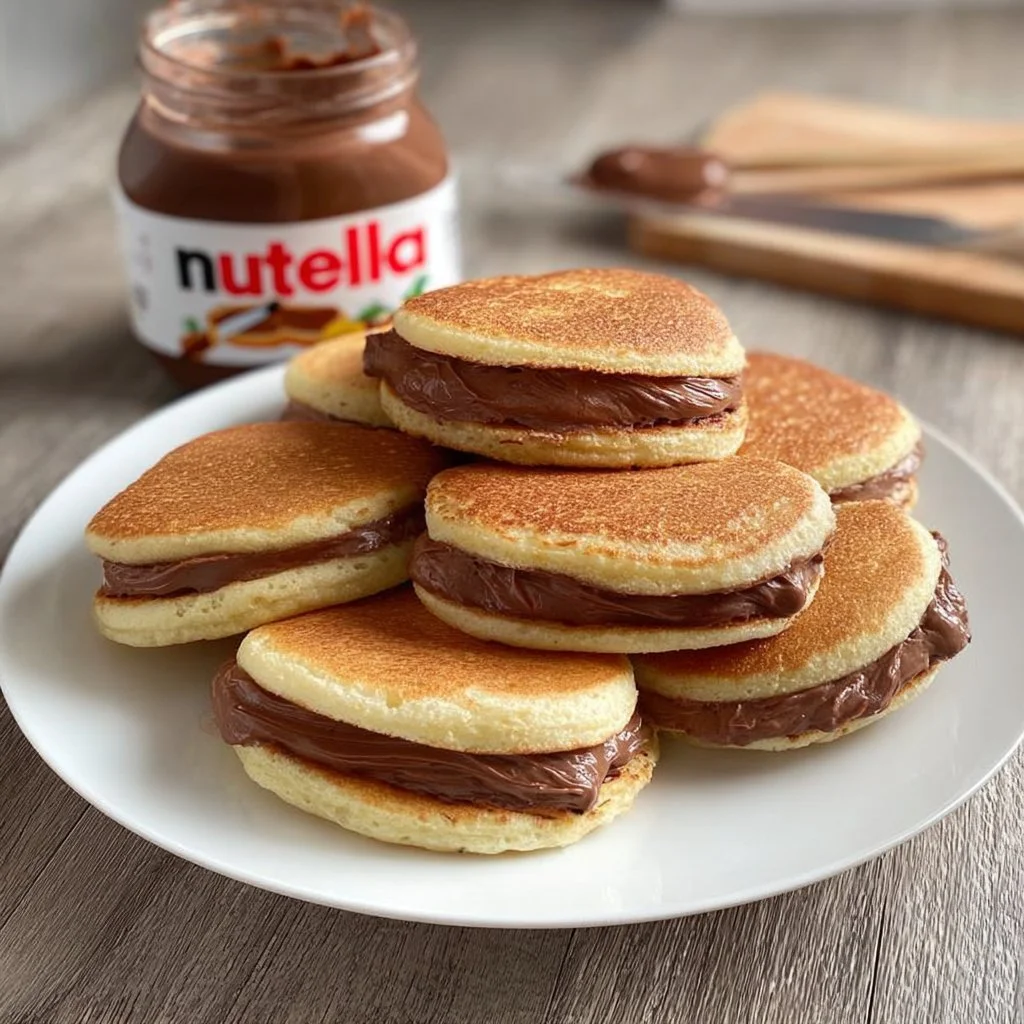 Nutella pancake sandwiches made of soft mini pancakes filled with Nutella