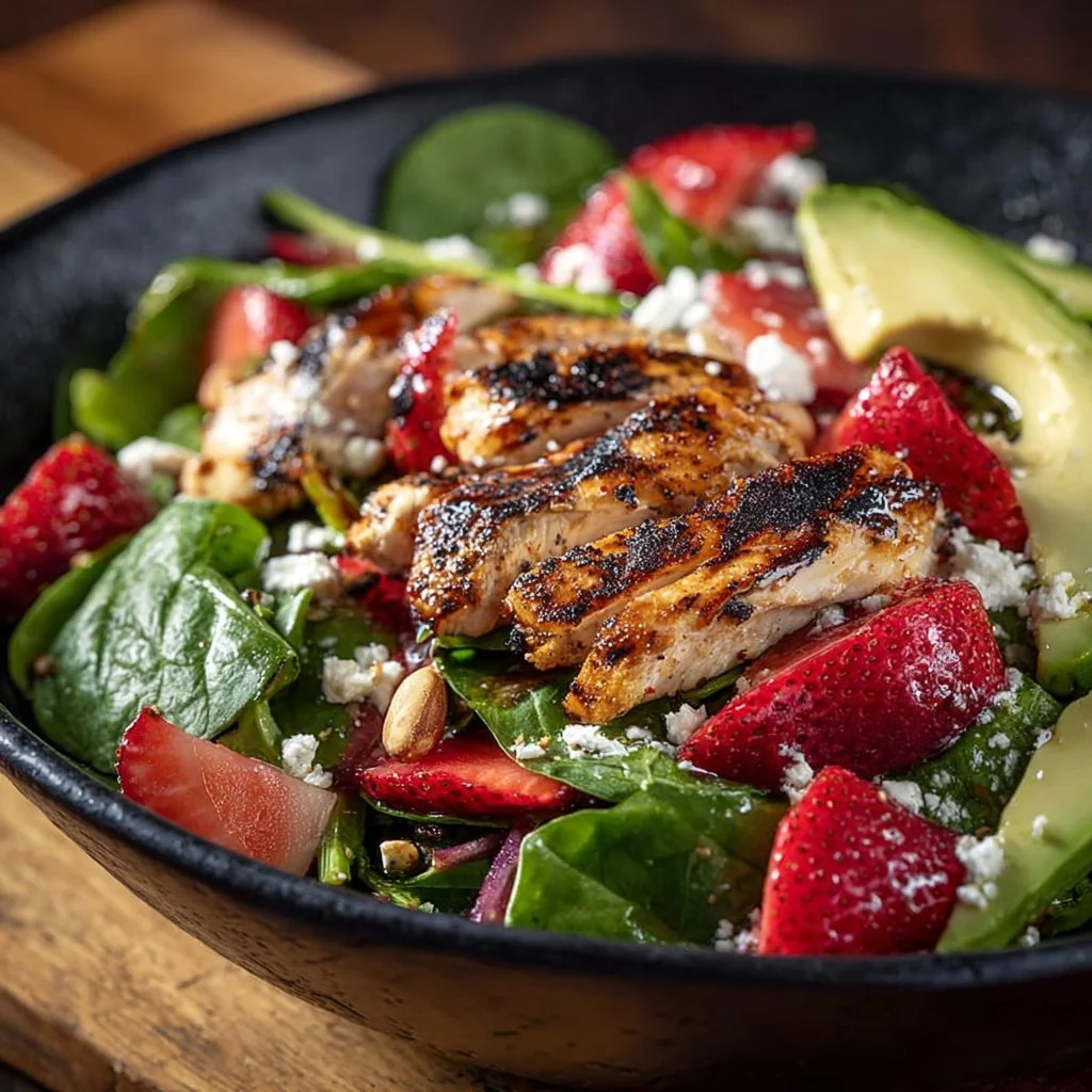 Fresh strawberry chicken spinach salad topped with toasted almonds and feta cheese
