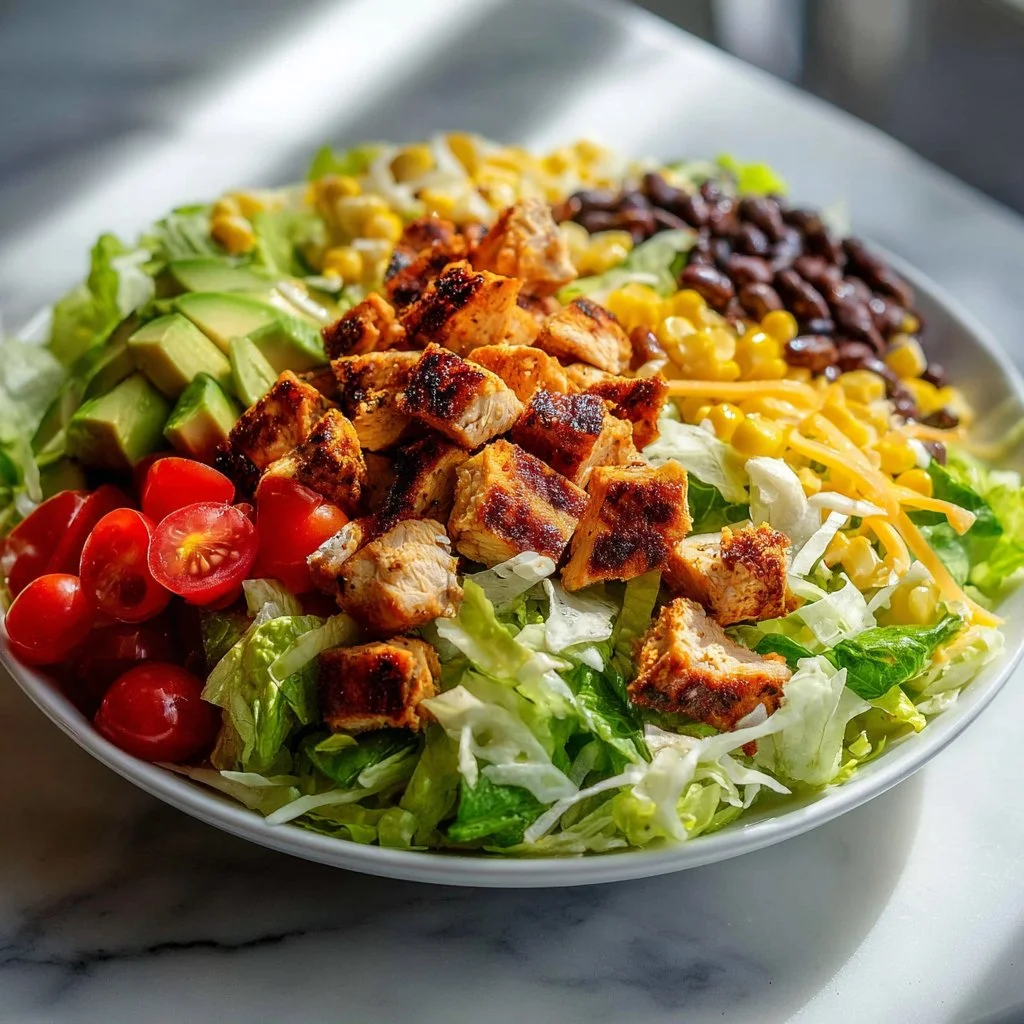 Delicious grilled chicken salad with homemade ranch dressing and fresh vegetables.