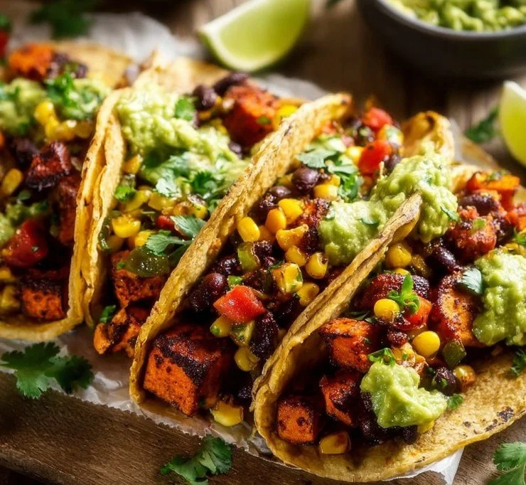 Healthy black bean tacos with sweet potato and fresh toppings