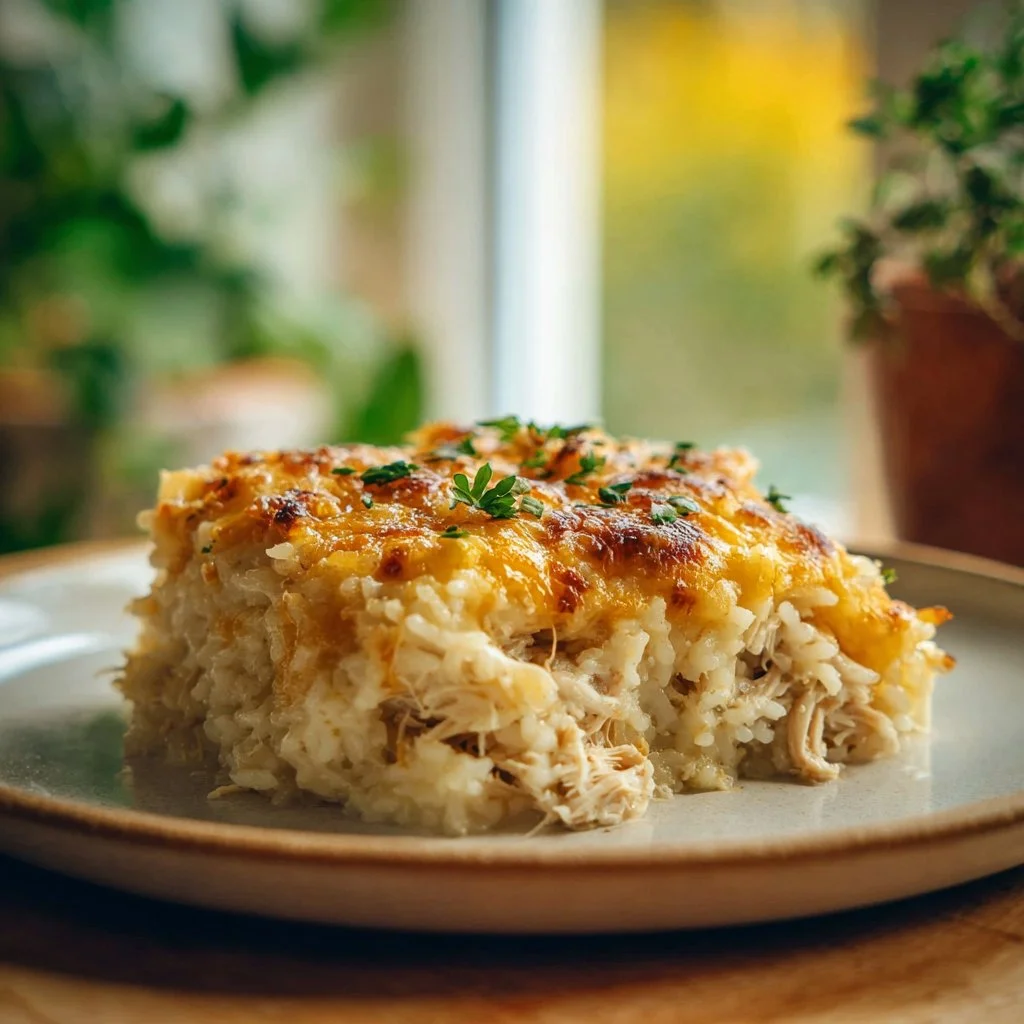 Healthy chicken cauliflower casserole topped with cheese and herbs