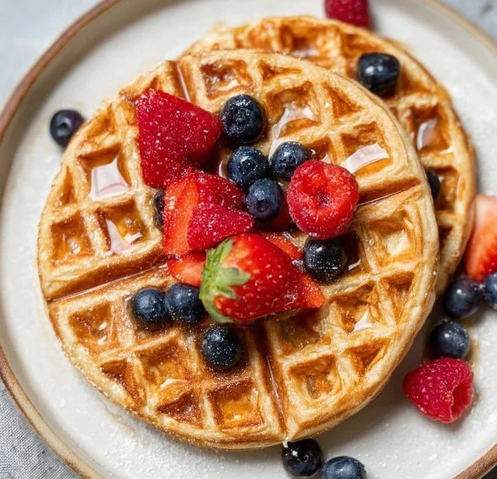 Delicious healthy protein waffles topped with fresh fruits and syrup