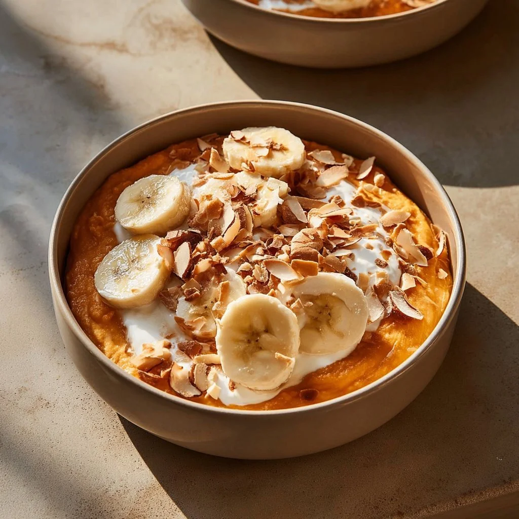 High-protein sweet potato bowl with healthy toppings and seasonings