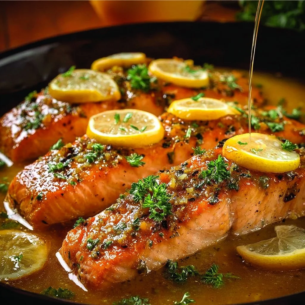 Honey garlic butter baked salmon on a plate with herbs and lemon slices