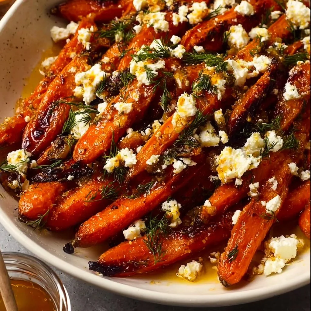 Honey Garlic Roasted Carrots topped with Feta cheese