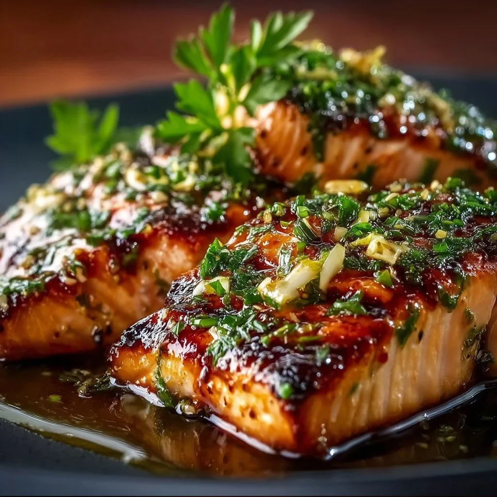 Honey-Lime Garlic Butter Baked Salmon garnished with herbs on a plate