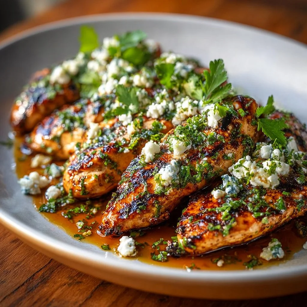 A plate of hot honey feta chicken garnished with fresh herbs