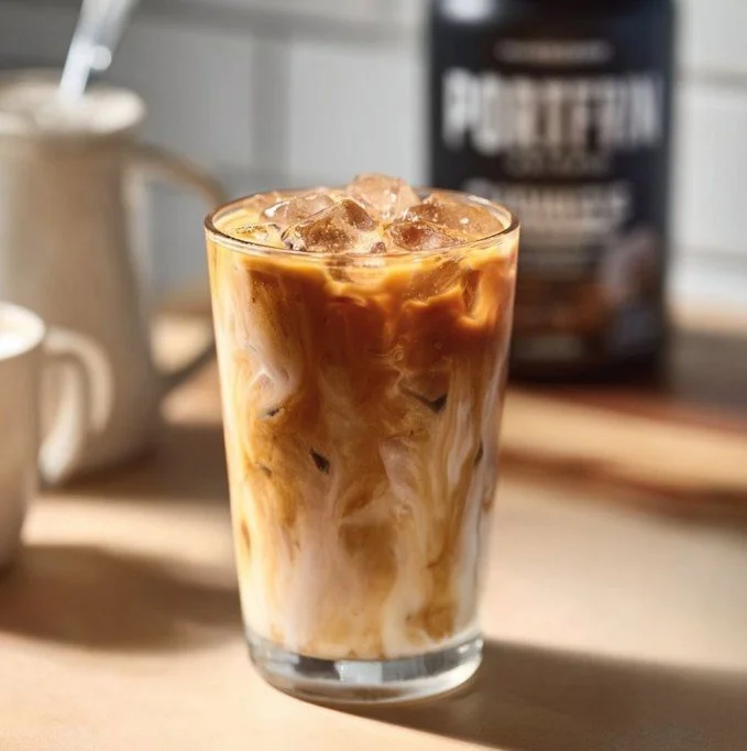 Iced Protein Vanilla Macchiato topped with whipped cream and coffee drizzle
