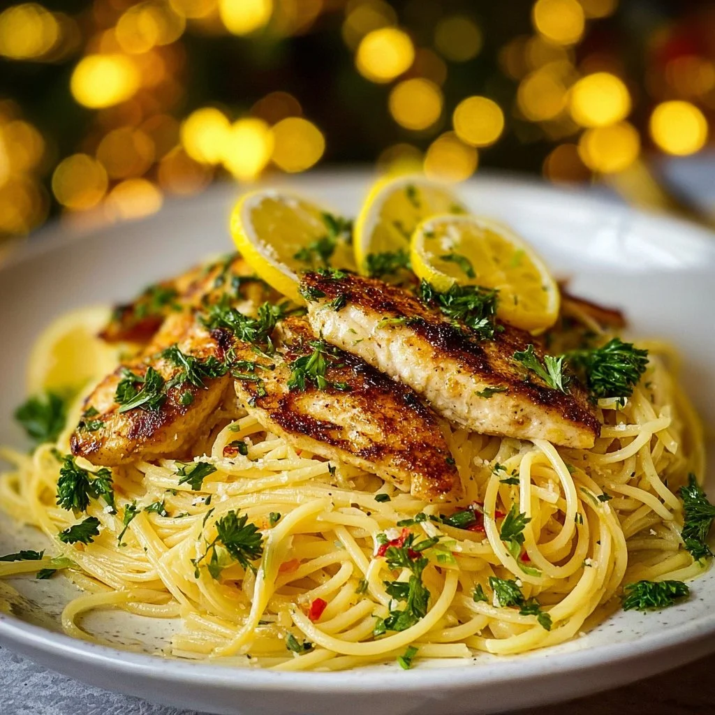 Lemon Butter Garlic Chicken Pasta 4 Plate of Lemon Butter Garlic Chicken Pasta garnished with parsley