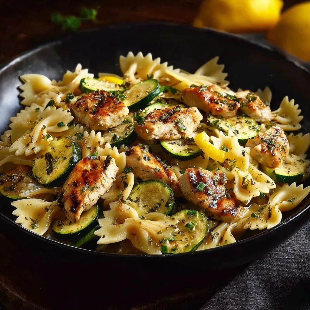 Delicious Lemon Chicken Pasta with herbs and lemon slices