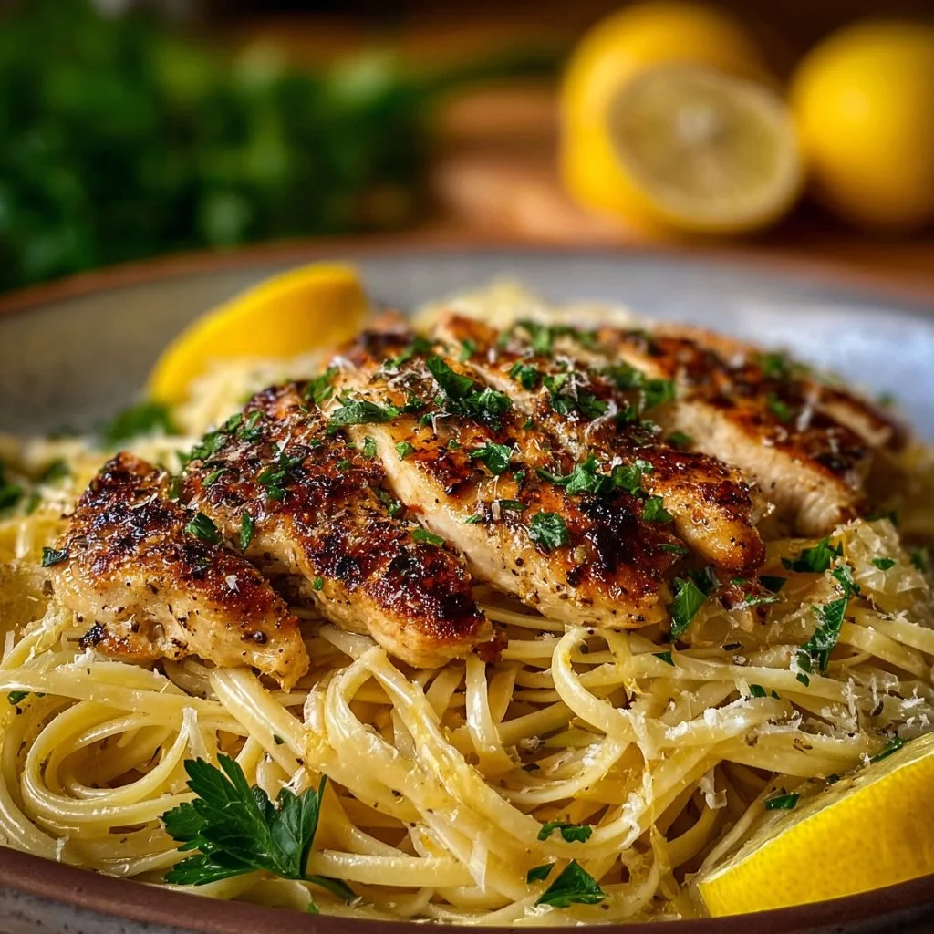 Lemon Garlic Butter Chicken with Parmesan Linguine 4 Lemon Garlic Butter Chicken served with Parmesan linguine on a plate