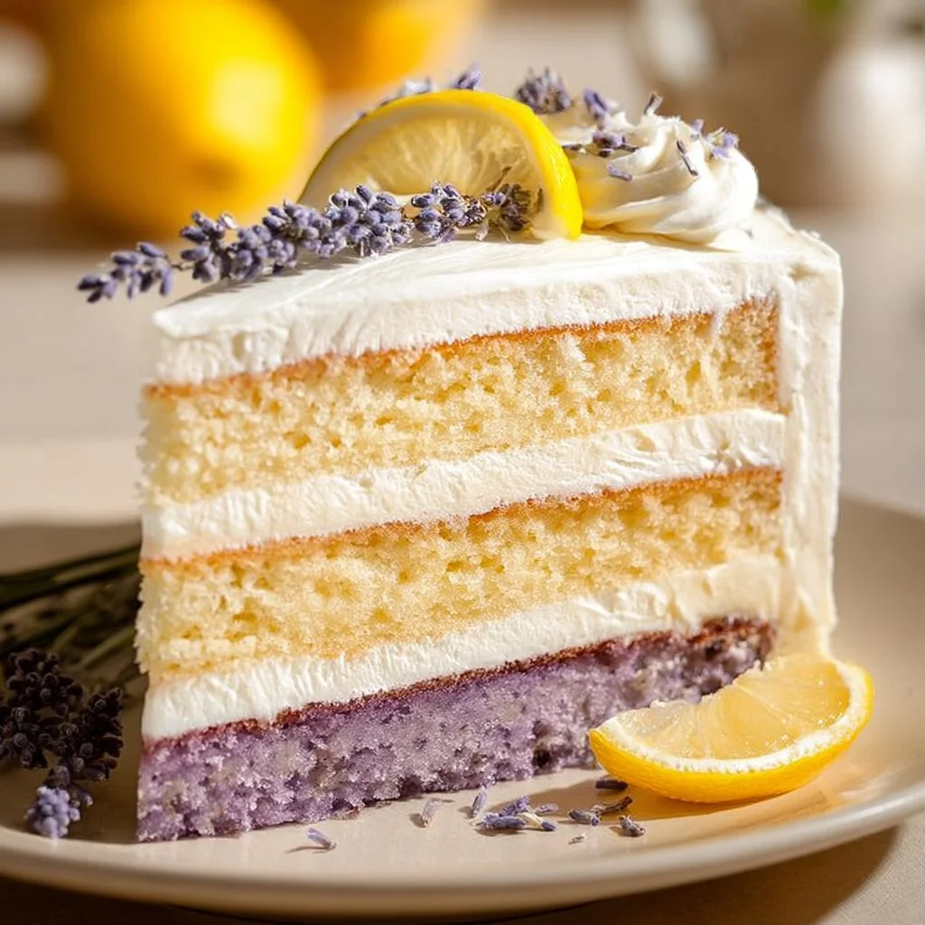 Delicious homemade Lemon Lavender Cake with fresh lemons and lavender decoration