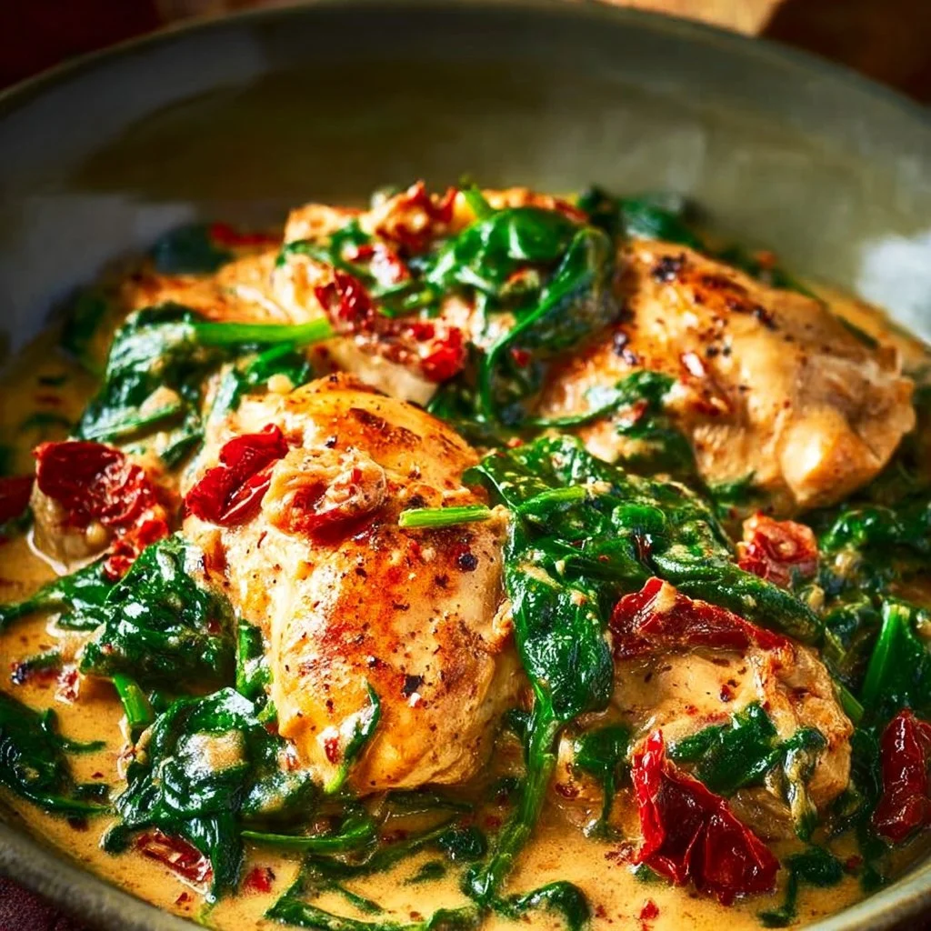 Plate of Low Carb Creamy Tuscan Chicken garnished with herbs