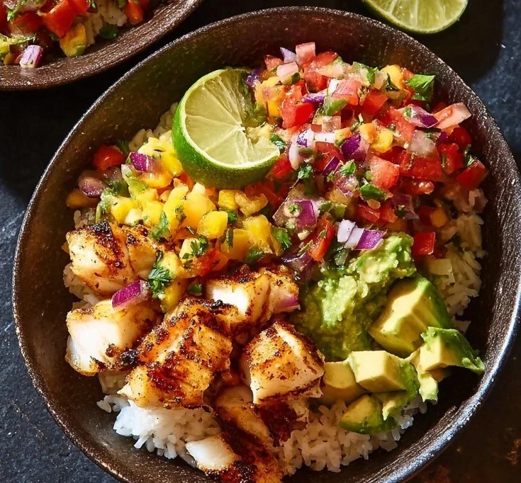 Delicious low-carb fish taco bowls garnished with fresh toppings.