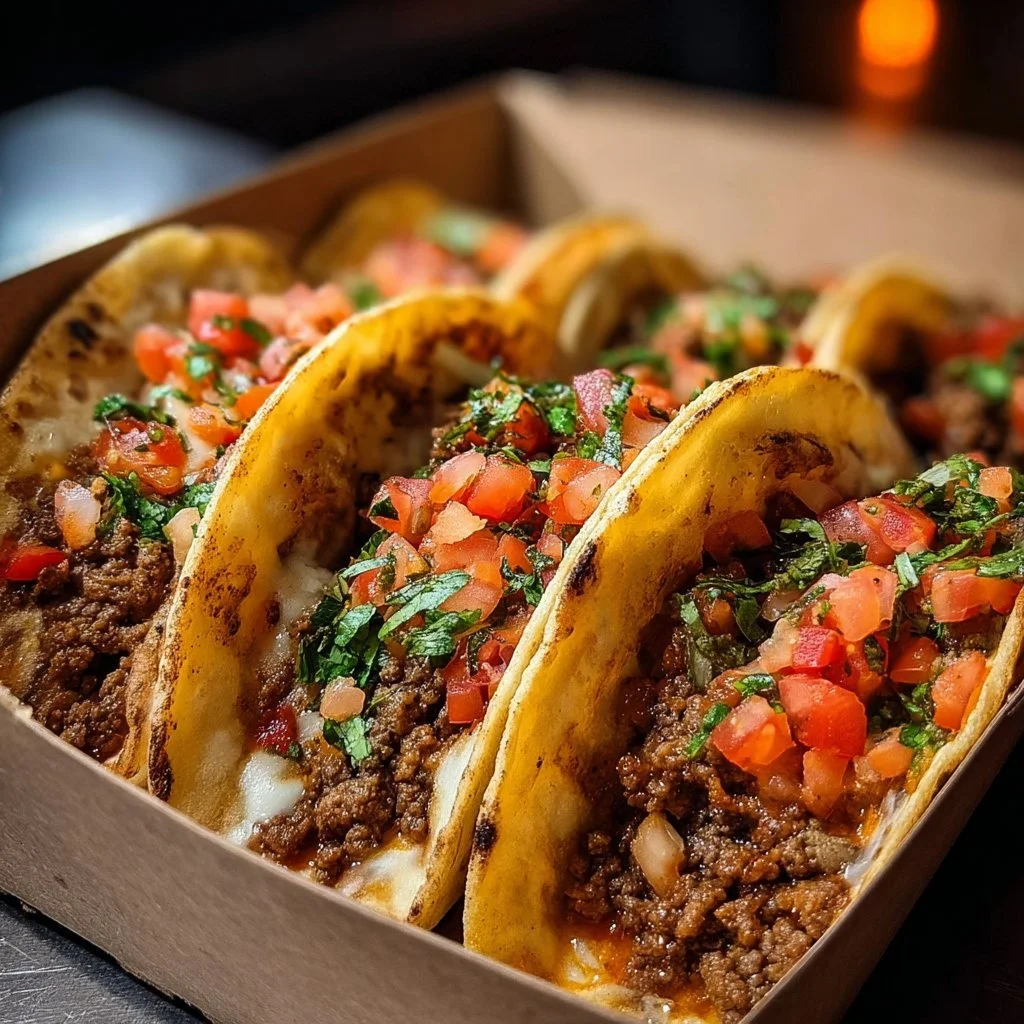Meat Lovers Pizza Tacos 4 Delicious Meat Lovers Pizza Tacos loaded with meats and cheese.