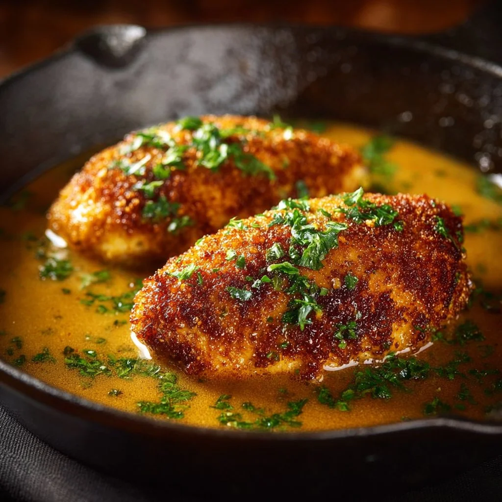 Deliciously prepared Parmesan Crusted Chicken served with creamy garlic sauce.
