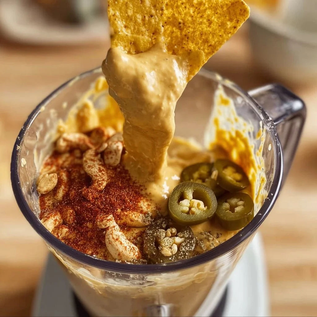 Nacho Cashew Cheese Sauce 4 Creamy nacho cashew cheese sauce served in a bowl with tortilla chips.