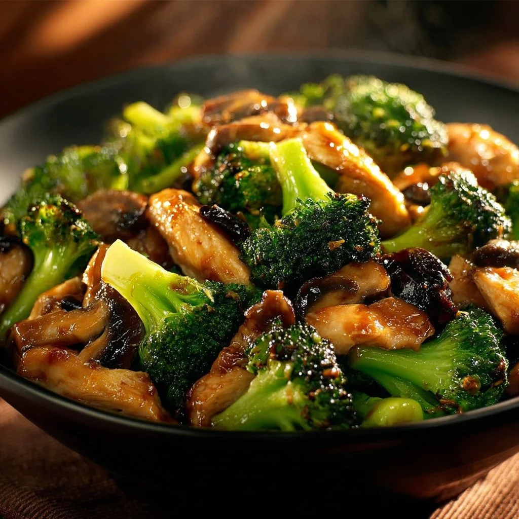 Delicious chicken stir-fry with broccoli and mushrooms on a plate