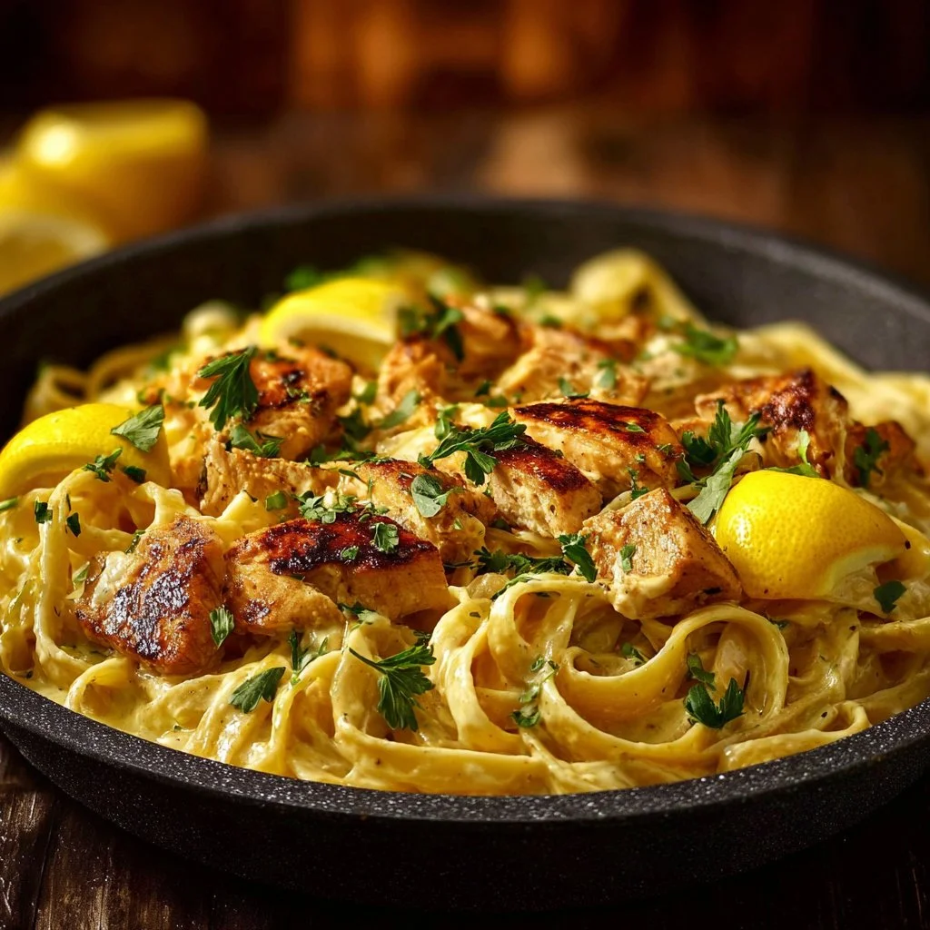 One-Pot Lemon Garlic Chicken Pasta dish served with herbs and lemon slices