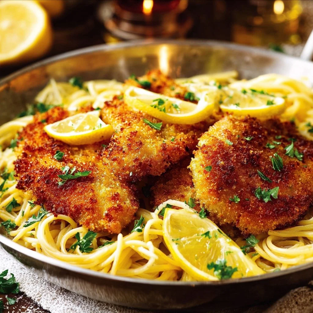 Delicious Parmesan Crusted Chicken plated with creamy lemon garlic pasta