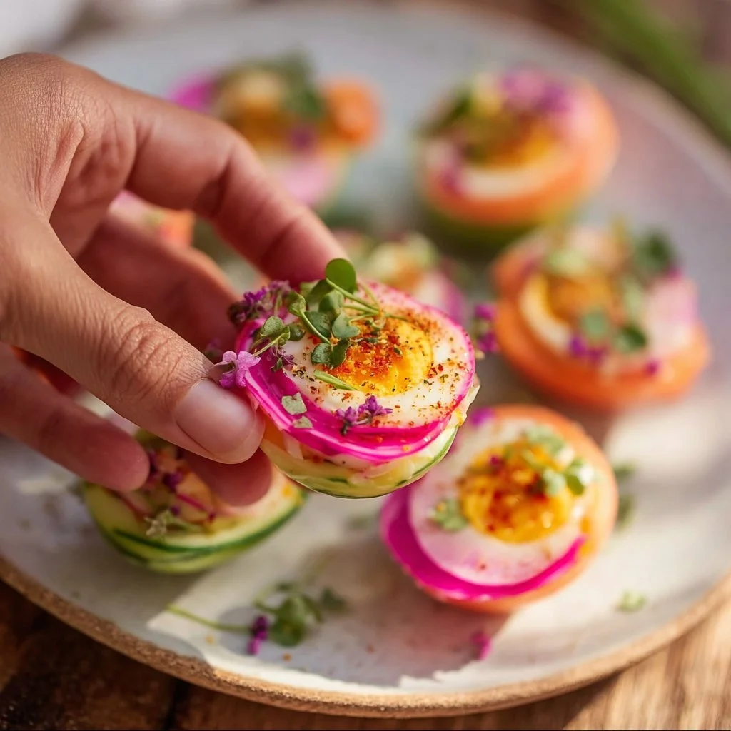 Perfectly Pink Deviled Eggs garnished with herbs and spices.