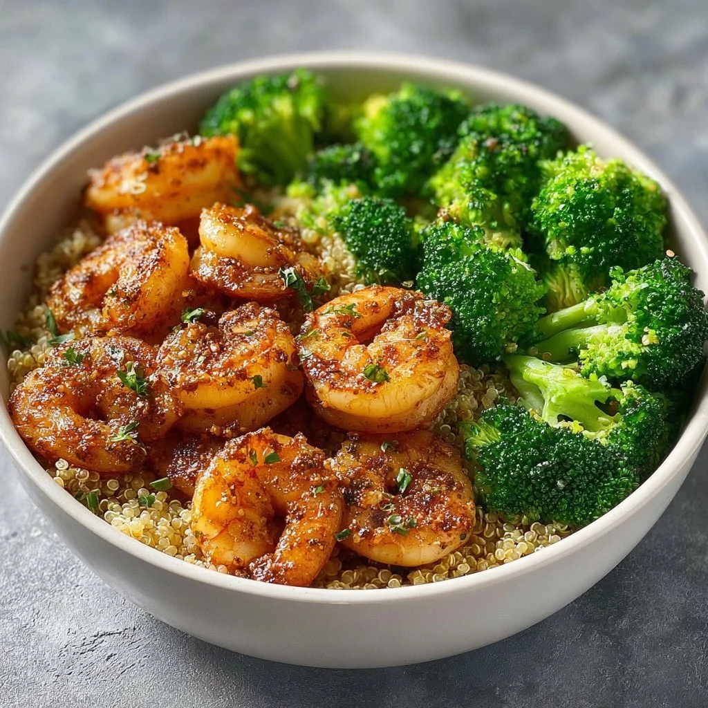 Shrimp quinoa bowl with fresh vegetables and herbs