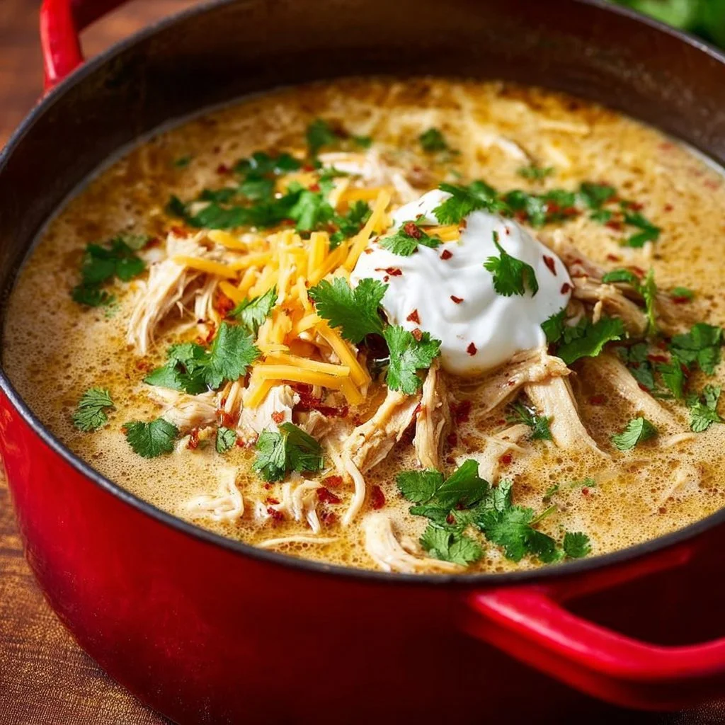 Bowl of creamy Keto White Chicken Chili topped with cilantro and cheese.