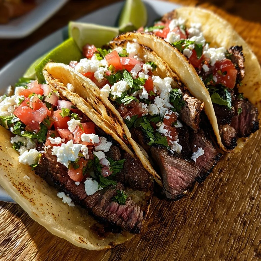 Delicious skirt steak tacos topped with fresh ingredients and zesty sauce.