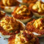 Spicy Bayou Deviled Eggs garnished with spices and herbs