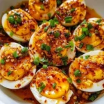 Spicy chili garlic deviled eggs garnished with fresh herbs.