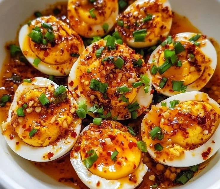 Spicy chili garlic deviled eggs garnished with fresh herbs.