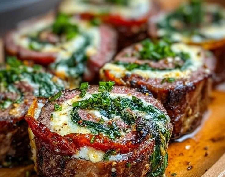 Savory steak pinwheels sliced and ready to serve