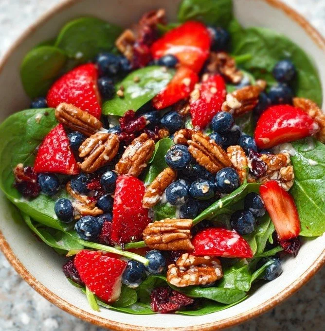 Strawberry Spinach Salad with Pecans and Feta 4 Strawberry Spinach Salad with Pecans and Crumbled Feta Cheese
