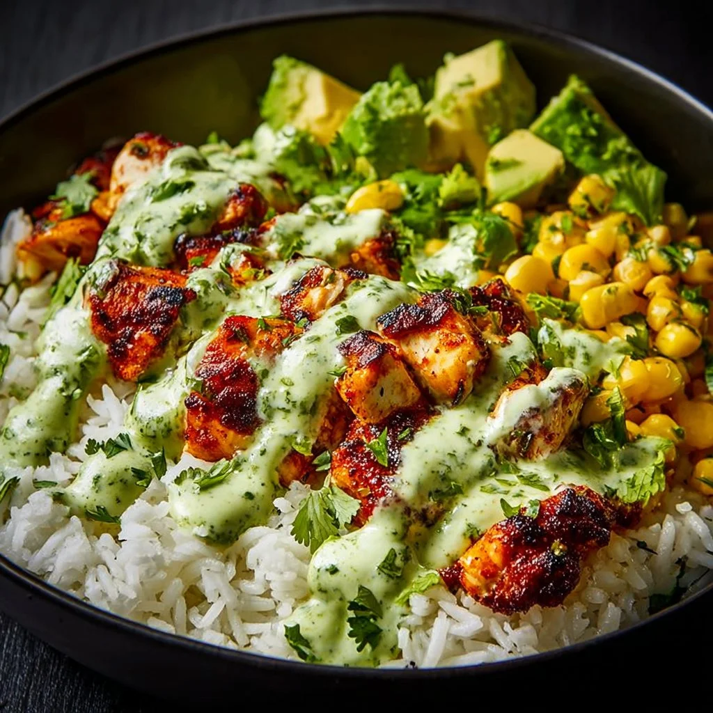 Delicious street corn chicken rice bowl garnished with fresh ingredients